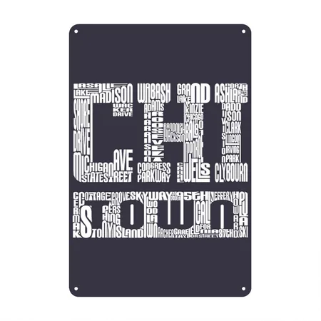 Chicago Chi-town Chitown Streets Avenues Midnight Navy Metal Poster Wall Art Decor Sign
