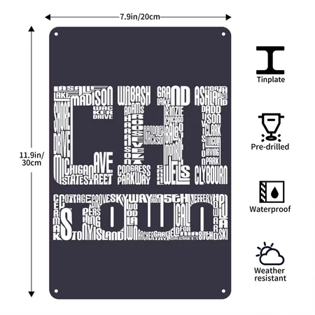 Chicago Chi-town Chitown Streets Avenues Midnight Navy Metal Poster Wall Art Decor Sign