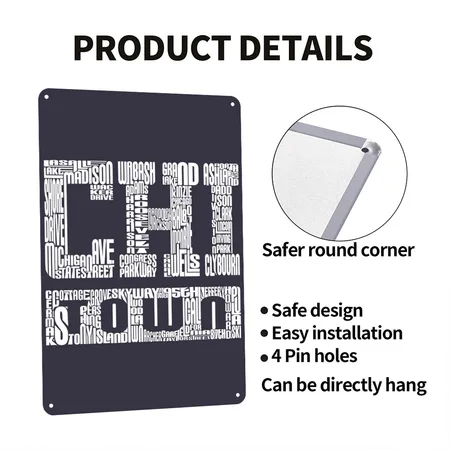 Chicago Chi-town Chitown Streets Avenues Midnight Navy Metal Poster Wall Art Decor Sign