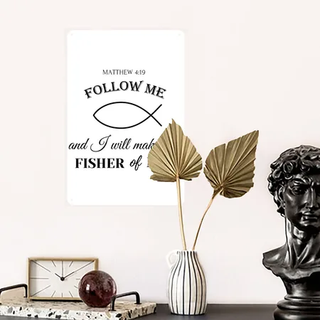 Christian Fish Fisher Of Men Matthew 4:19 Bible White Metal Poster Wall Art Decor Sign