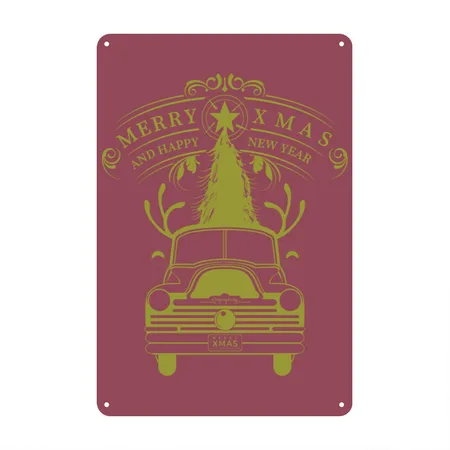Christmas Retro Truck Heather Burgundy Metal Poster Wall Art Decor Sign