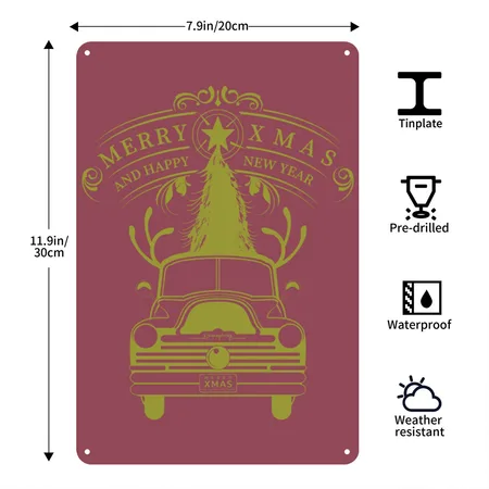 Christmas Retro Truck Heather Burgundy Metal Poster Wall Art Decor Sign