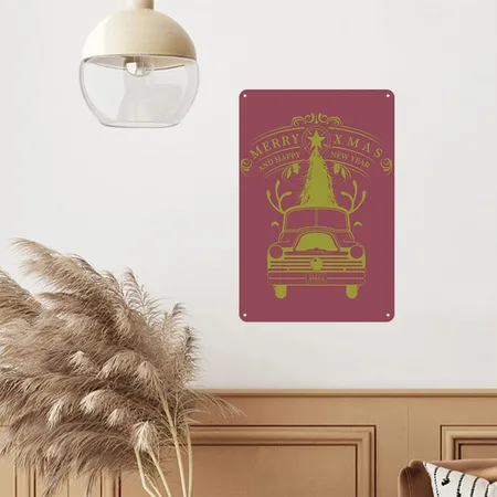 Christmas Retro Truck Heather Burgundy Metal Poster Wall Art Decor Sign