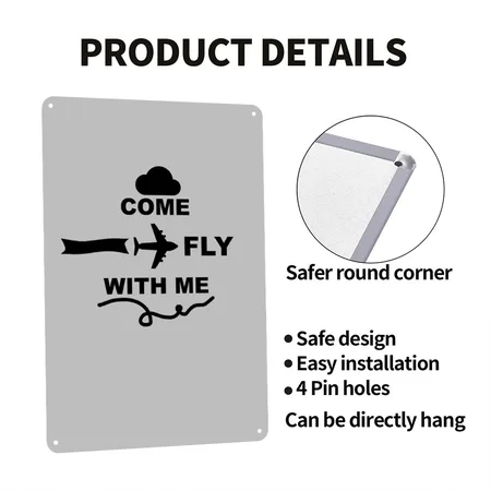 Come Fly With Me - Pilot Saying Heather Grey Metal Poster Wall Art Decor Sign
