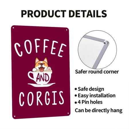 Corgi Lovers Gift, Coffee And Corgis Burgundy Metal Poster Wall Art Decor Sign