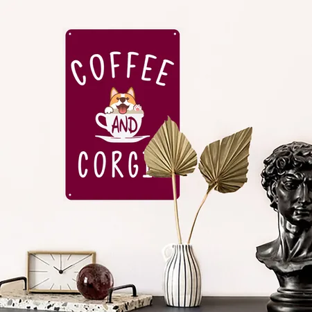 Corgi Lovers Gift, Coffee And Corgis Burgundy Metal Poster Wall Art Decor Sign