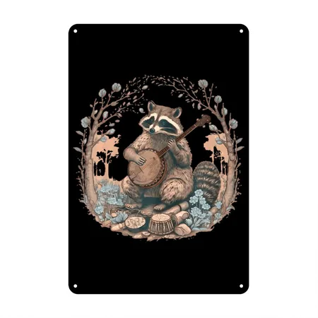 Cottagecore Aesthetic Raccoon Playing Banjo Black Metal Poster Wall Art Decor Sign