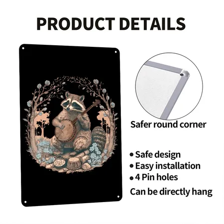 Cottagecore Aesthetic Raccoon Playing Banjo Black Metal Poster Wall Art Decor Sign