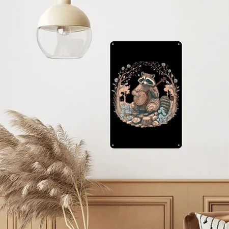 Cottagecore Aesthetic Raccoon Playing Banjo Black Metal Poster Wall Art Decor Sign