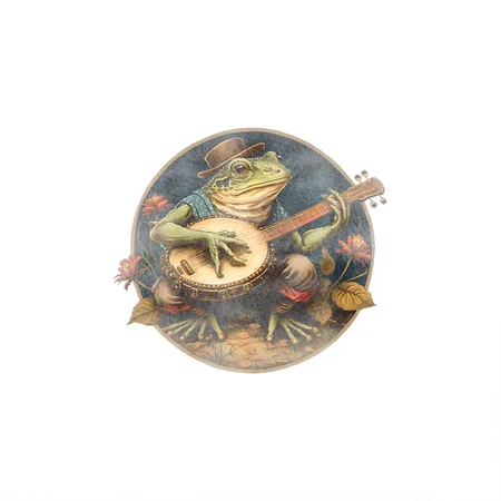 Cottagecore Aesthetic Vintage Frog Playing Banjo Transparent Glossy Metal Poster Wall Art Decor Sign