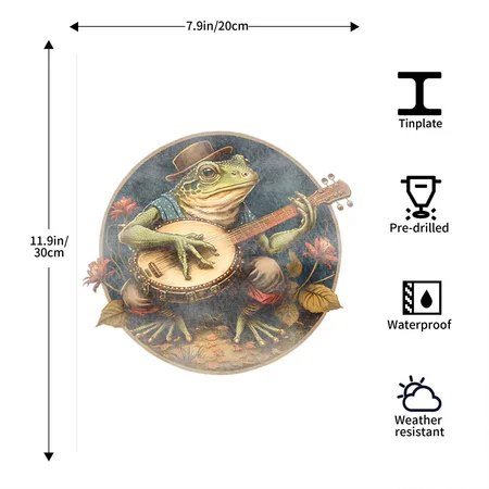 Cottagecore Aesthetic Vintage Frog Playing Banjo Transparent Glossy Metal Poster Wall Art Decor Sign