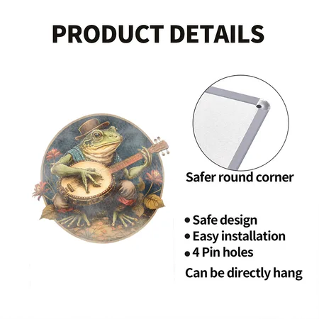 Cottagecore Aesthetic Vintage Frog Playing Banjo Transparent Glossy Metal Poster Wall Art Decor Sign