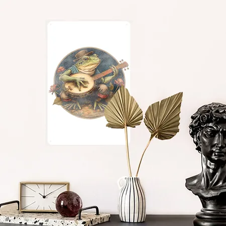 Cottagecore Aesthetic Vintage Frog Playing Banjo Transparent Glossy Metal Poster Wall Art Decor Sign
