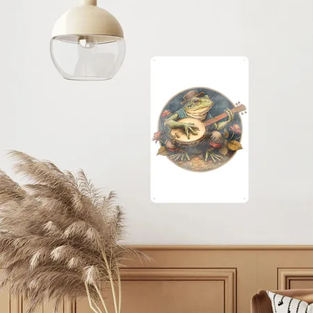 Cottagecore Aesthetic Vintage Frog Playing Banjo Transparent Glossy Metal Poster Wall Art Decor Sign