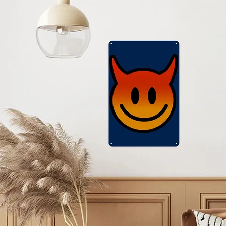 Cute Devil Face ?mischief With A Grin Navy Metal Poster Wall Art Decor Sign