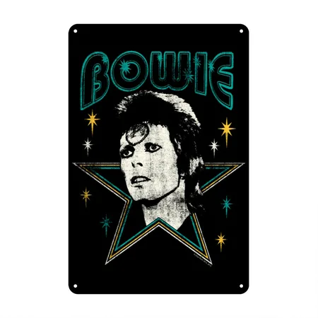David Bowie Lettering With Portrait And Star Black Metal Poster Wall Art Decor Sign