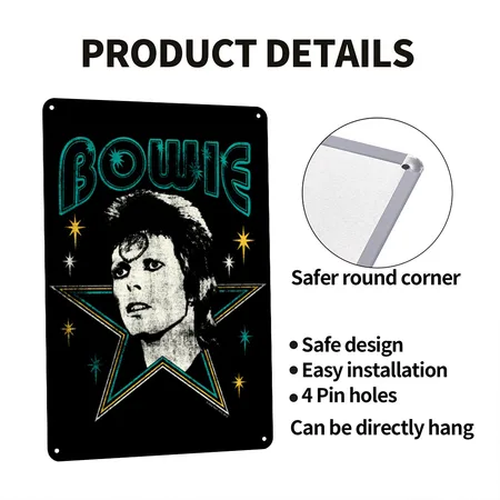 David Bowie Lettering With Portrait And Star Black Metal Poster Wall Art Decor Sign