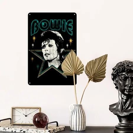 David Bowie Lettering With Portrait And Star Black Metal Poster Wall Art Decor Sign