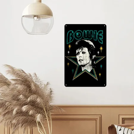 David Bowie Lettering With Portrait And Star Black Metal Poster Wall Art Decor Sign