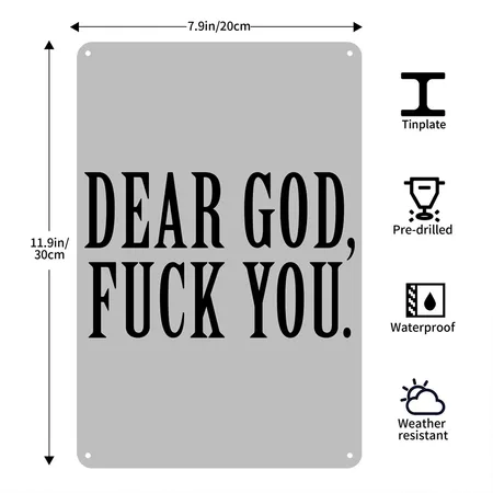 Dear God, Fuck You. Heather Grey Metal Poster Wall Art Decor Sign