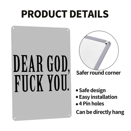 Dear God, Fuck You. Heather Grey Metal Poster Wall Art Decor Sign