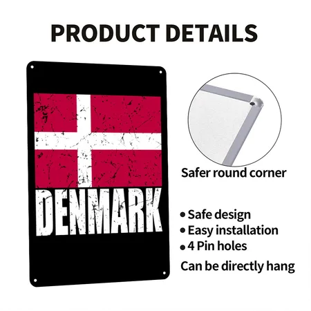 Denmark Flag Black/white Metal Poster Wall Art Decor Sign