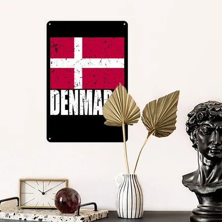Denmark Flag Black/white Metal Poster Wall Art Decor Sign