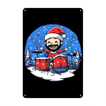 Drummer Santa Claus Black Metal Poster Wall Art Decor Sign
