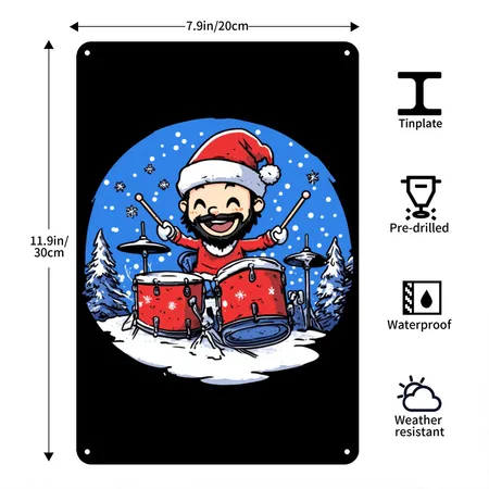 Drummer Santa Claus Black Metal Poster Wall Art Decor Sign