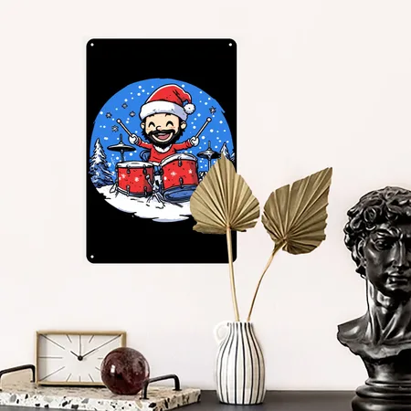 Drummer Santa Claus Black Metal Poster Wall Art Decor Sign