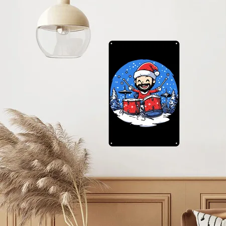 Drummer Santa Claus Black Metal Poster Wall Art Decor Sign