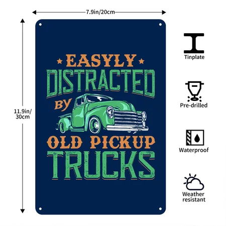 Easily Distracted By Old Pickup Truck Squarebody Navy Metal Poster Wall Art Decor Sign