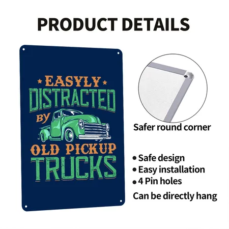 Easily Distracted By Old Pickup Truck Squarebody Navy Metal Poster Wall Art Decor Sign