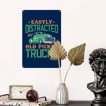 Easily Distracted By Old Pickup Truck Squarebody Navy Metal Poster Wall Art Decor Sign