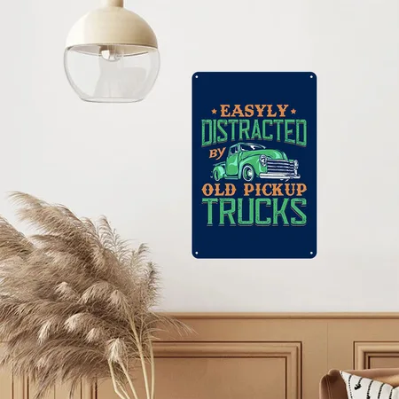 Easily Distracted By Old Pickup Truck Squarebody Navy Metal Poster Wall Art Decor Sign