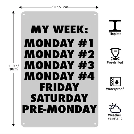 Everyday Is Monday Heather Gray Metal Poster Wall Art Decor Sign