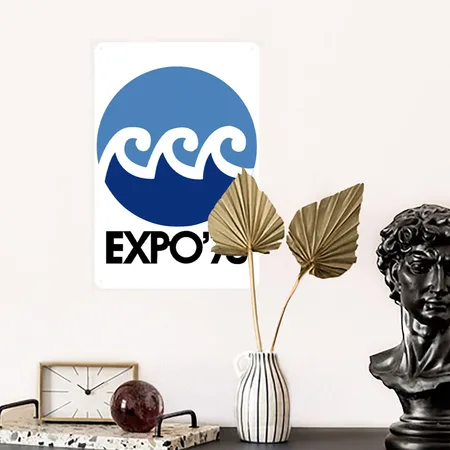 Expo 75 Okinawa Japan White/cobalt Blue Metal Poster Wall Art Decor Sign