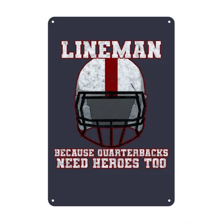 Football Lineman Quarterbacks Need Heroes Too Navy/heather Gray Metal Poster Wall Art Decor Sign