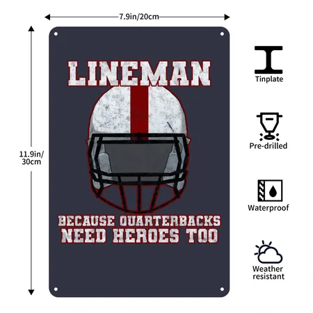 Football Lineman Quarterbacks Need Heroes Too Navy/heather Gray Metal Poster Wall Art Decor Sign