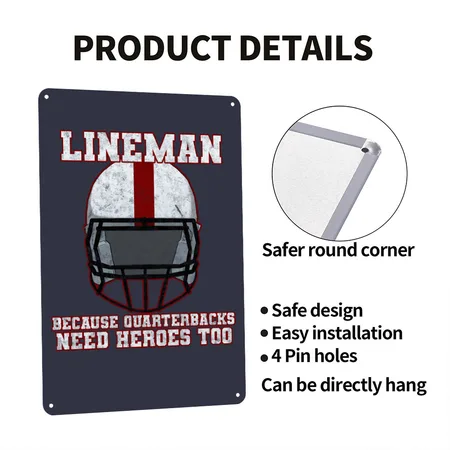 Football Lineman Quarterbacks Need Heroes Too Navy/heather Gray Metal Poster Wall Art Decor Sign