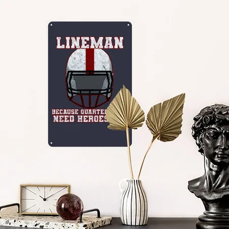 Football Lineman Quarterbacks Need Heroes Too Navy/heather Gray Metal Poster Wall Art Decor Sign