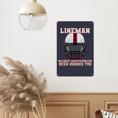 Football Lineman Quarterbacks Need Heroes Too Navy/heather Gray Metal Poster Wall Art Decor Sign