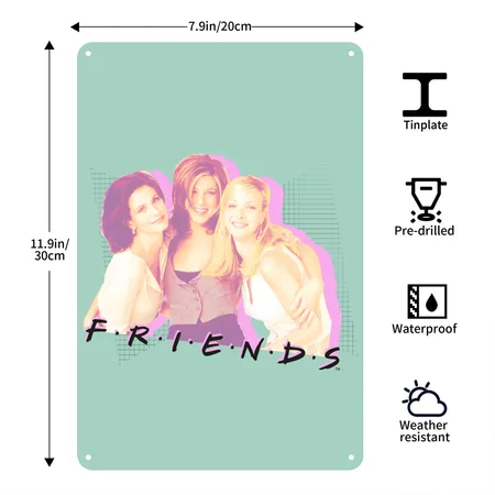 Friends Monica, Rachel, Phoebe Dusty Mint Blue Metal Poster Wall Art Decor Sign