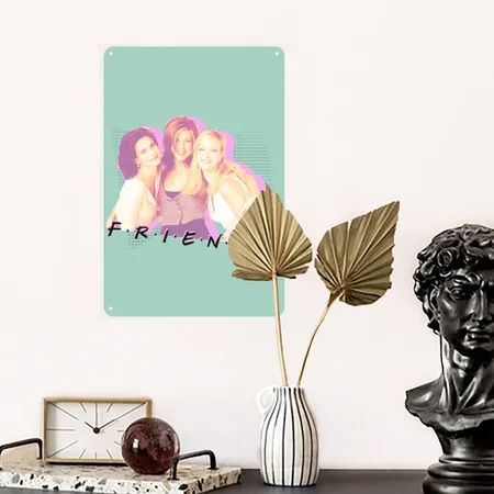 Friends Monica, Rachel, Phoebe Dusty Mint Blue Metal Poster Wall Art Decor Sign