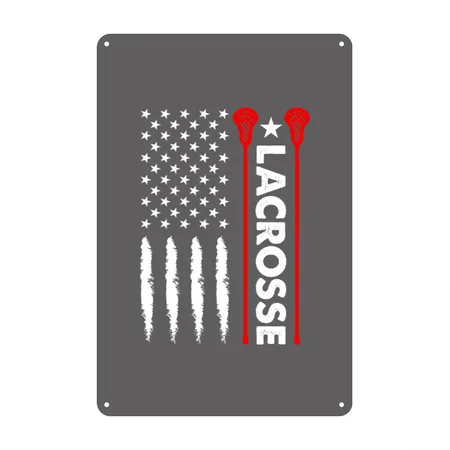 Funny Fourth Of July American Flag Lacrosse Gifts Charcoal Grey Metal Poster Wall Art Decor Sign