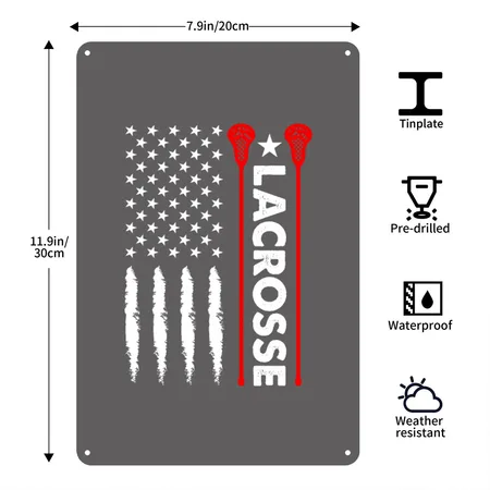 Funny Fourth Of July American Flag Lacrosse Gifts Charcoal Grey Metal Poster Wall Art Decor Sign