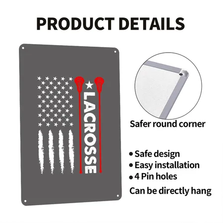 Funny Fourth Of July American Flag Lacrosse Gifts Charcoal Grey Metal Poster Wall Art Decor Sign