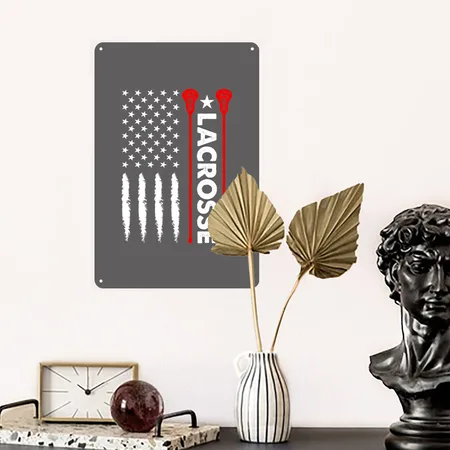 Funny Fourth Of July American Flag Lacrosse Gifts Charcoal Grey Metal Poster Wall Art Decor Sign