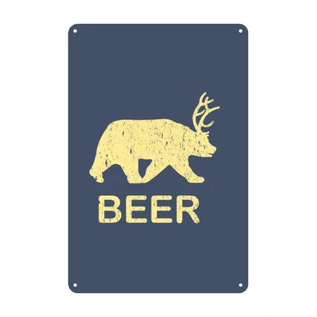 Funny Gym - Beer Bear Deer Vintage Heather Navy Metal Poster Wall Art Decor Sign