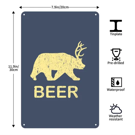 Funny Gym - Beer Bear Deer Vintage Heather Navy Metal Poster Wall Art Decor Sign